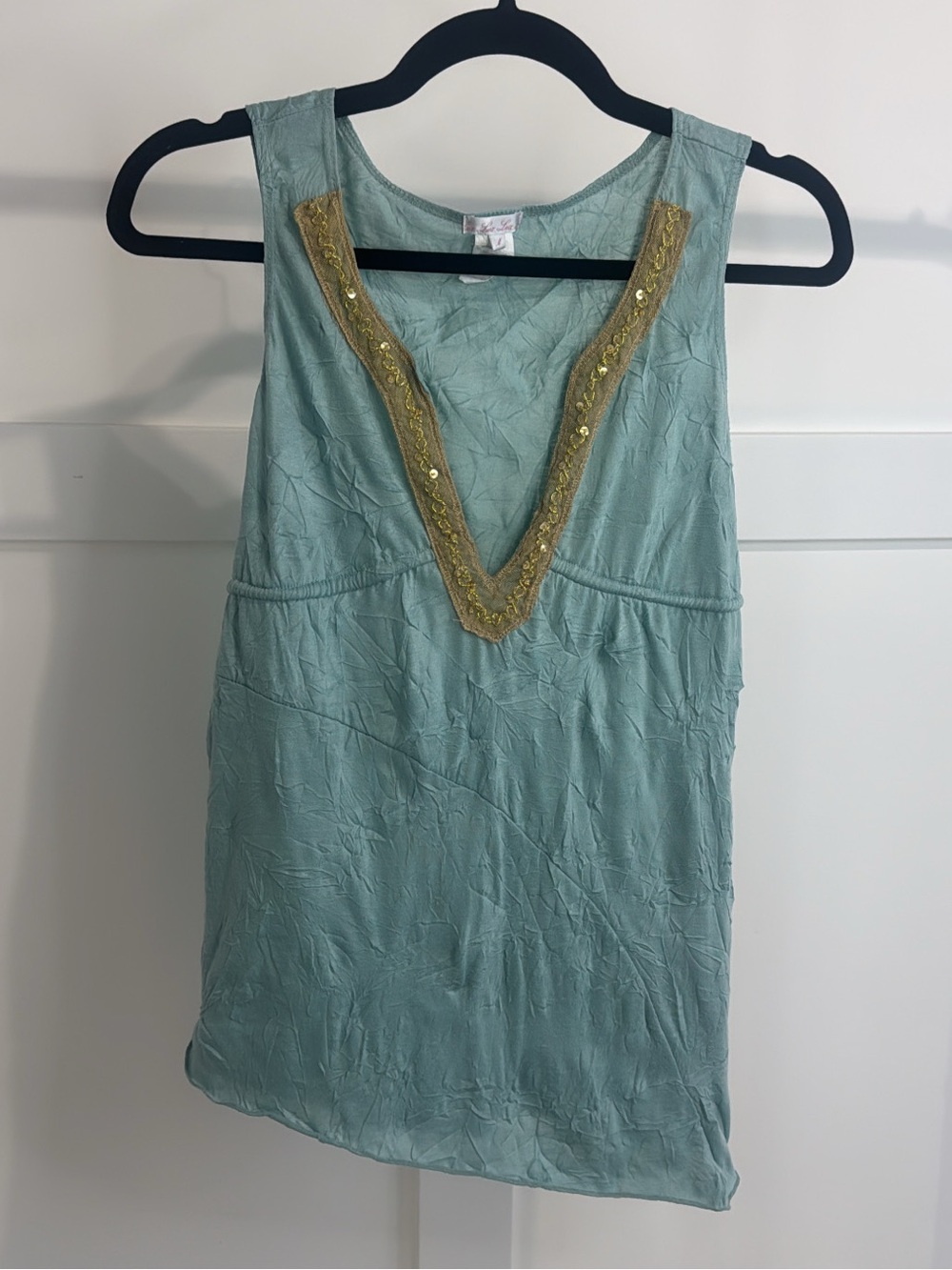 UO Lux Vintage Y2K Top light teal Sleeveless Tank with Gold Trim sequins